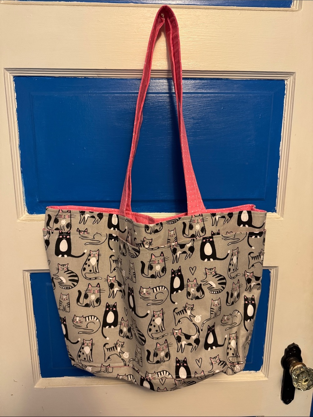 Cat Print Canvas Tote with Pink Trim